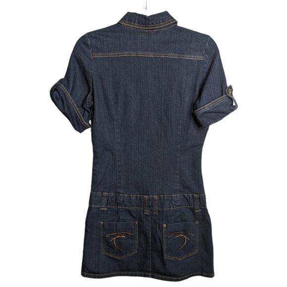Vintage Y2K Denim Mini Dress Drop Waist Snap Front Short Sleeve Drama Gold - Picture 3 of 12